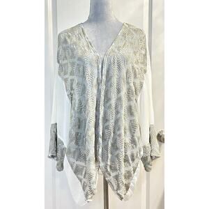 E Leigh’s 100% Silk Kimono Geometric Open Front Womens Size L Boho Coastal
